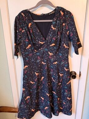 eshakti Black Midi Dress with Peach Fox & Multicolor Floral Print